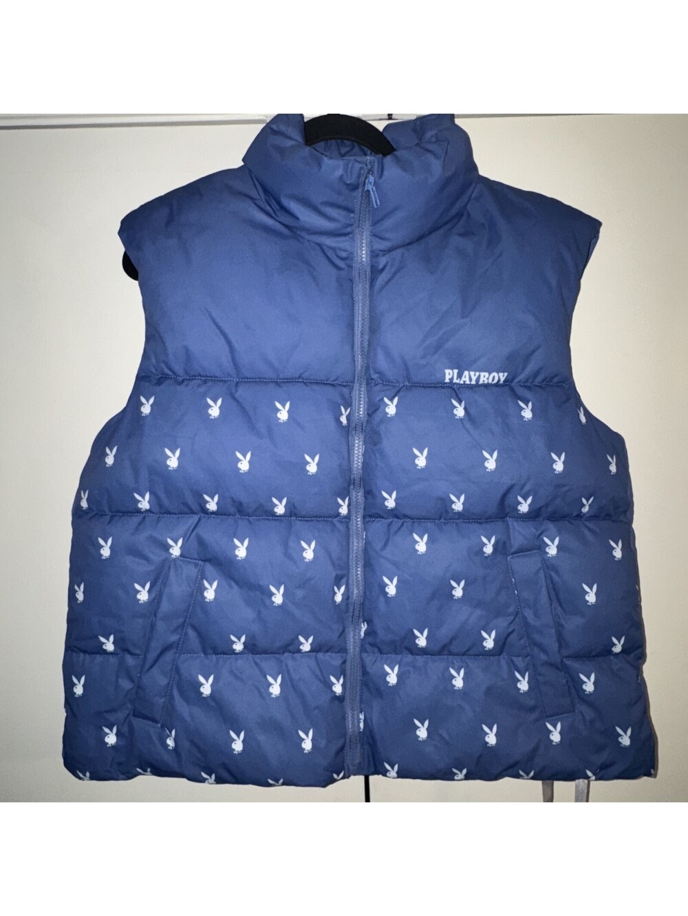 Playboy Missguided AOP Bunny Head Gilet Puffer Vest Blue Size US 0 UK 4 NWT